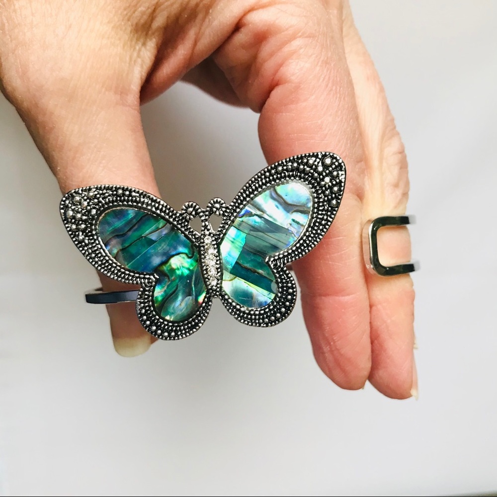 Butterfly Abalone Cuff Bangle Bracelet Silver Tone - Picture 5 of 5